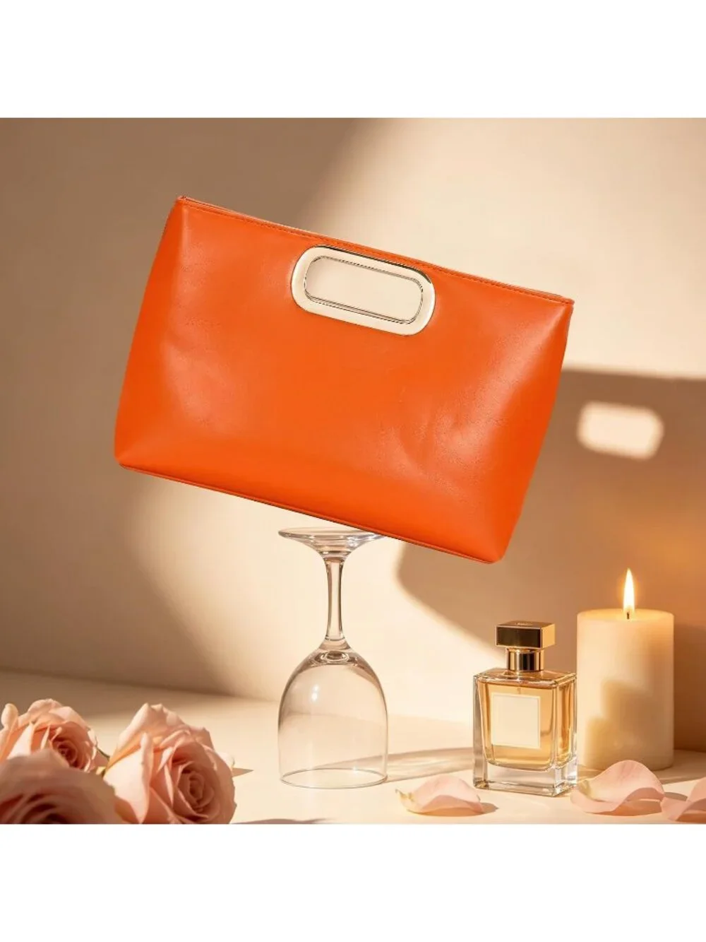 Women's Orange Clutch Handbag Modern Faux Leather with Metal Handle Evening Bag